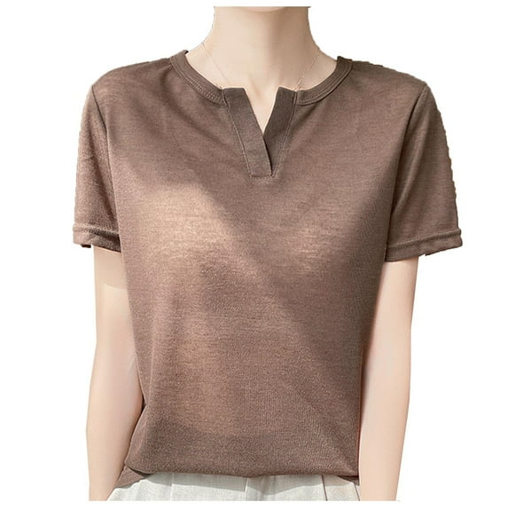 Inleife Womens Casual Tops Fashion Ladies Summer Short Sleeve V-Neck Comfy Solid Regular Tops Brown XL
