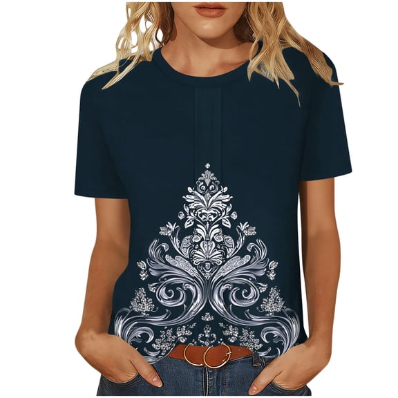 Inleife Womens Casual Tops Women's Fashionable Casual Loose Round Neck Short Sleeved T-shirt Solid Color Top Navy S