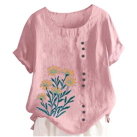 Inleife Womens Casual Tops Women's Spring Summer Round Neck Short Sleeve Casual Fashion Printed Button T-Shirt Pink M