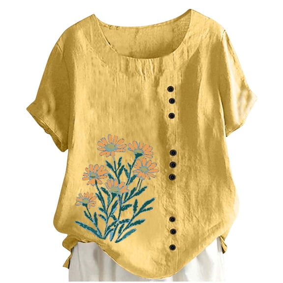Inleife Womens Casual Tops Women's Spring Summer Round Neck Short Sleeve Casual Fashion Printed Button T-Shirt Yellow S