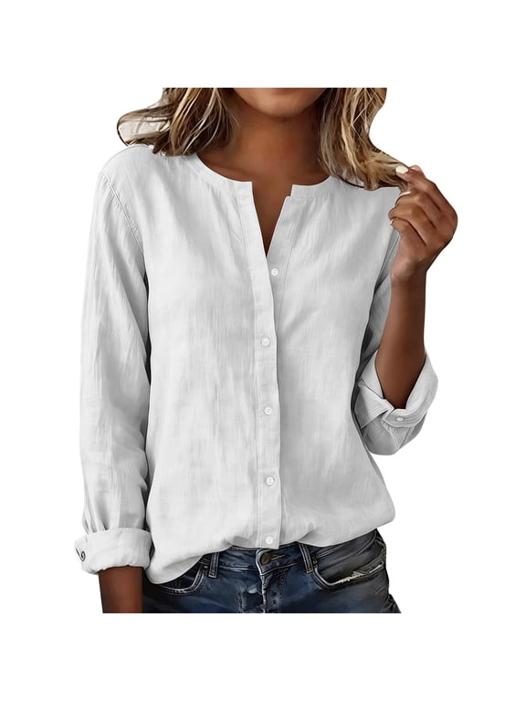 Womens Button-Down Shirts Ladies V-Neck Long Sleeve Solid Color Pullovers T-Shirt for Spring Summer