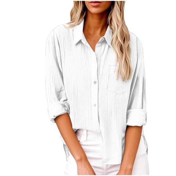 Inleife Womens Collared Button-Down Shirts Crinkle Texture Long Sleeve Solid Color Oversized Shirt Top White XXL