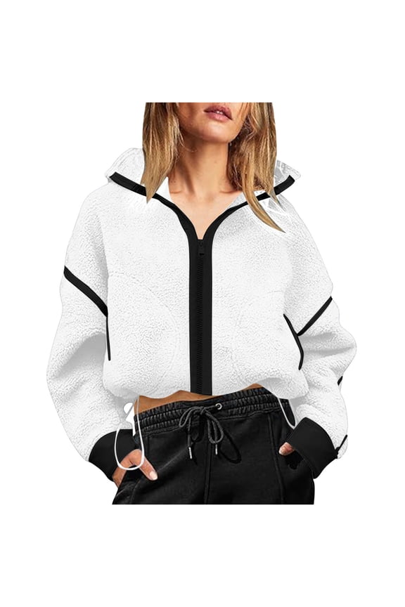 Womens Cropped Fleece Jackets Zip Up Drawstring Waist Color Block Tops Warm Fuzzy Coats