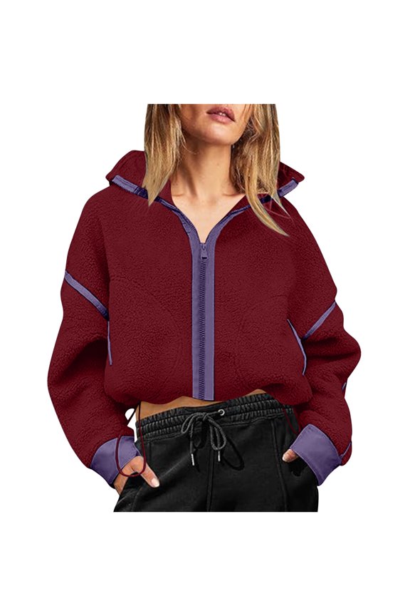 Womens Cropped Fleece Jackets Zip Up Drawstring Waist Color Block Tops Warm Fuzzy Coats