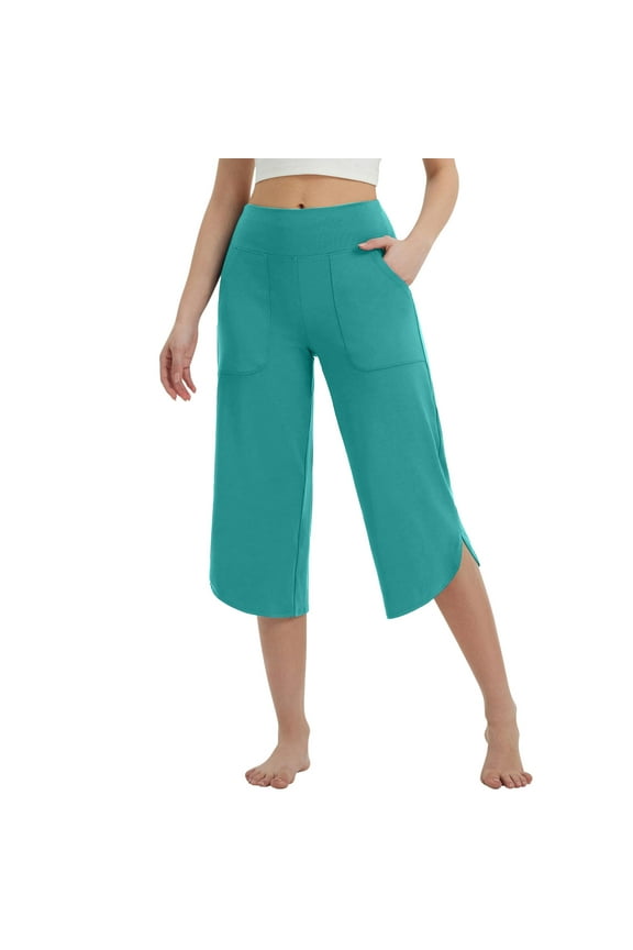 Womens Cropped Pants Wide Leg Yoga Cropped Pants With Pockets Loose Stretch Training Tight Pants Summer Casual