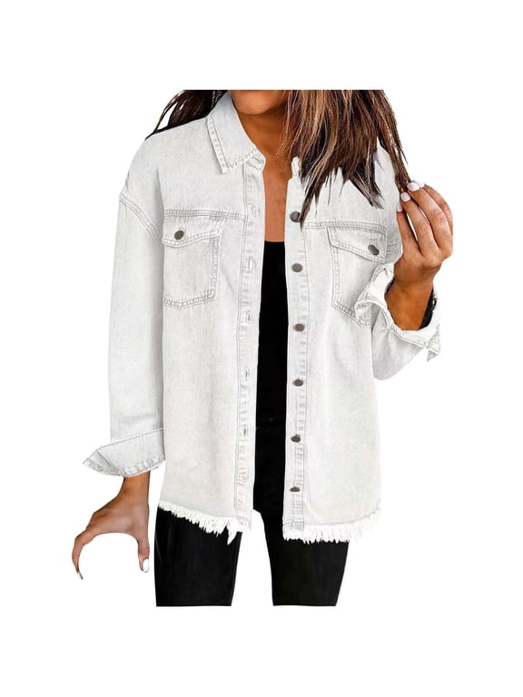Womens Denim Tops Loose Fitting Fashion Solid Blouse Long Sleeve Pockets Shirts