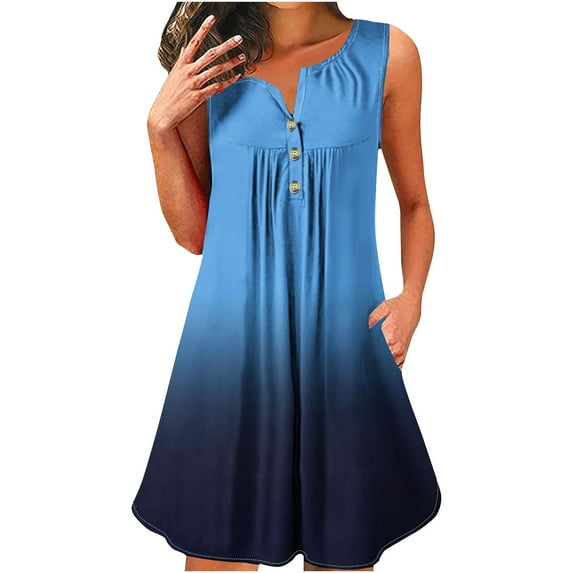 Inleife Womens Dresses Plus Size Clearance Women's Sleeveless Round Neck Gradient Printed Button Pullover Dress