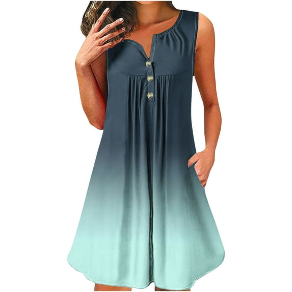 Inleife Womens Dresses Plus Size Women's Sleeveless Round Neck Gradient Printed Button Pullover Dress