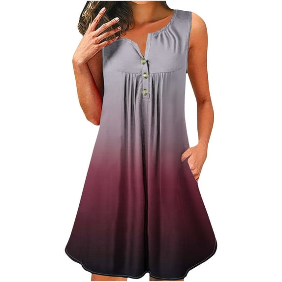 Inleife Womens Dresses Plus Size Women's Sleeveless Round Neck Gradient Printed Button Pullover Dress