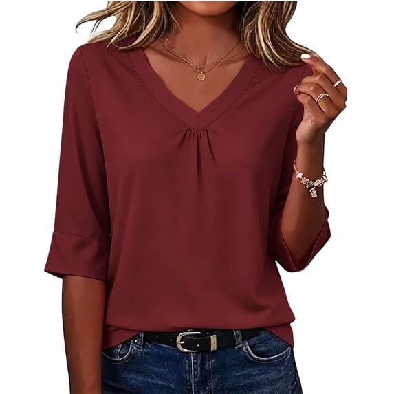 Inleife Womens Half Sleeve Tops Fashion Ladies Casual Basic Tees V-Neck Relaxed Fit Pleated T-Shirt for Daily Wear