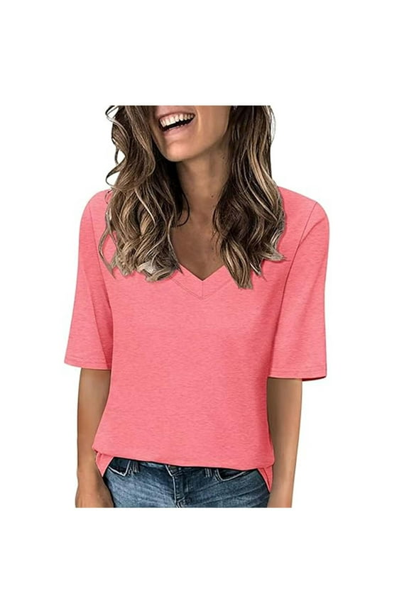 Womens Half Sleeve Tops Women's Fashion Basic Tees Casual V-Neck Loose Fit T Shirt 1/2 Sleeve Ladies Top