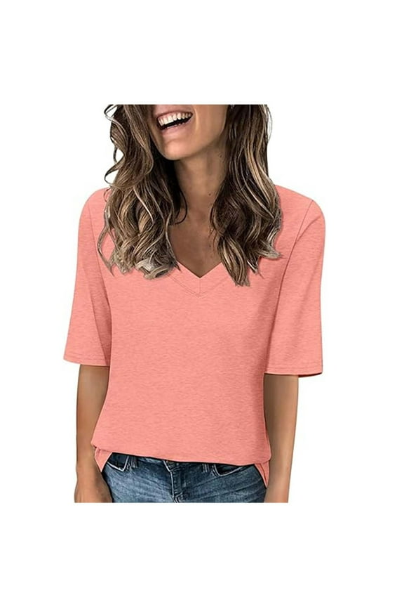 Womens Half Sleeve Tops Women's Fashion Basic Tees Casual V-Neck Loose Fit T Shirt 1/2 Sleeve Ladies Top