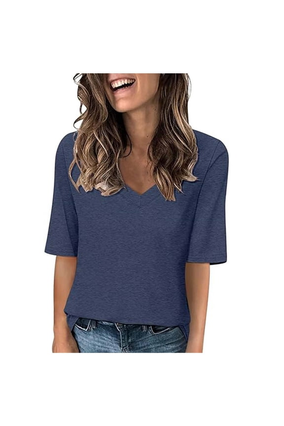 Womens Half Sleeve Tops Women's Fashion Basic Tees Casual V-Neck Loose Fit T Shirt 1/2 Sleeve Ladies Top