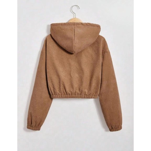 Inleife Womens Hooded Jacket with Pockets Women's Solid Color Wool Lining With Thick Corduroy Long Sleeved Zipper Warm Lining Short Jacket