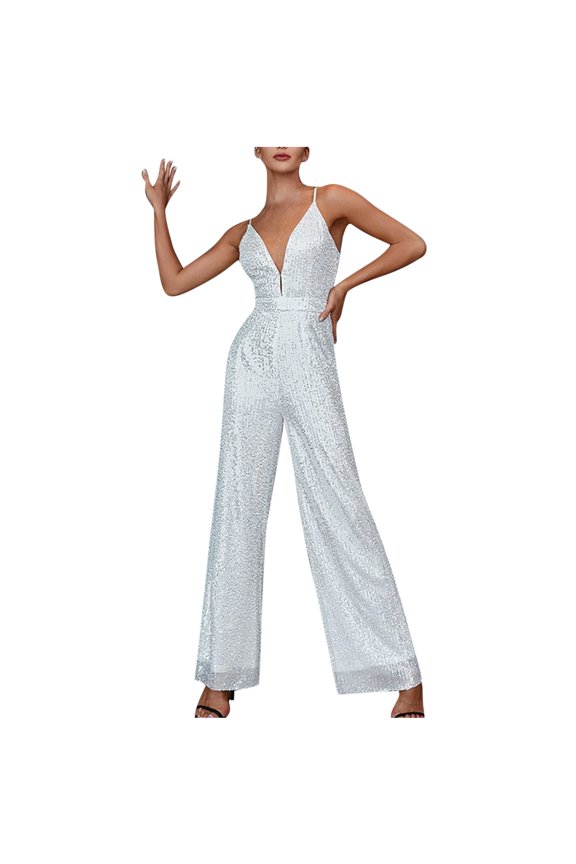 Womens Jumpsuits On Sale Women Suspender Deep V Backless Sleeveless Temperament Spicy Girl Sequin Jumpsuit