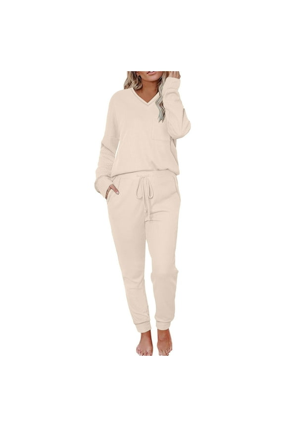 Womens Knit Pajamas Sets Two Piece Outfits Sets Sleepwear Loungewear Pjs Long Sleeve Tops And Pants