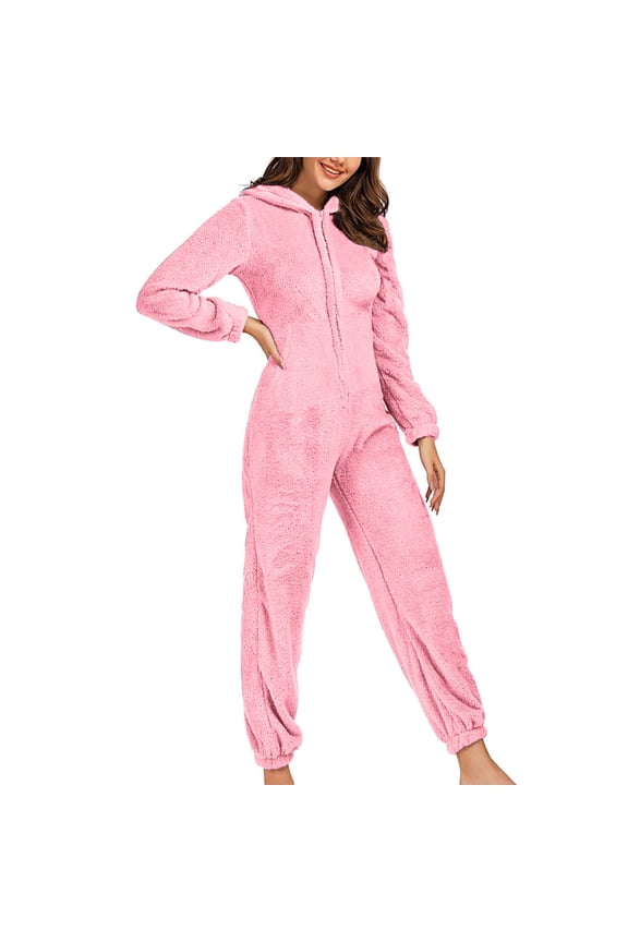 Womens Long Sleeve Hooded Jumpsuit Pajamas with Pocket Casual Winter Warm Rompe Sleepwear Home Clothes
