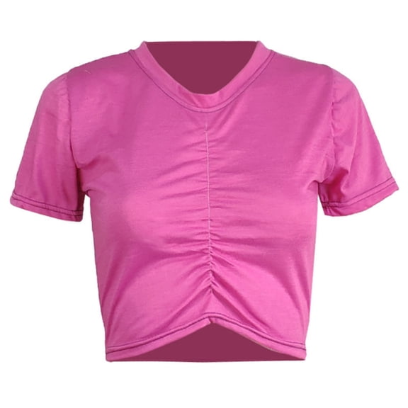 Inleife Womens Petite Tops Fashion Ladies Casual Solid Color Short Sleeve Round Neck Pleated Short T-shirt Shirt Hot Pink XS