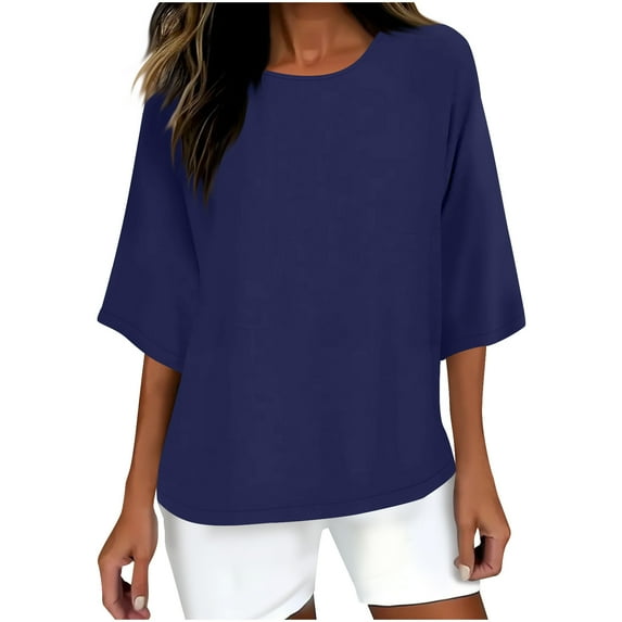 Inleife Womens Plus Size Tops Women's Solid Color Crew Neck Shirt 3/4 Sleeve Casual Top