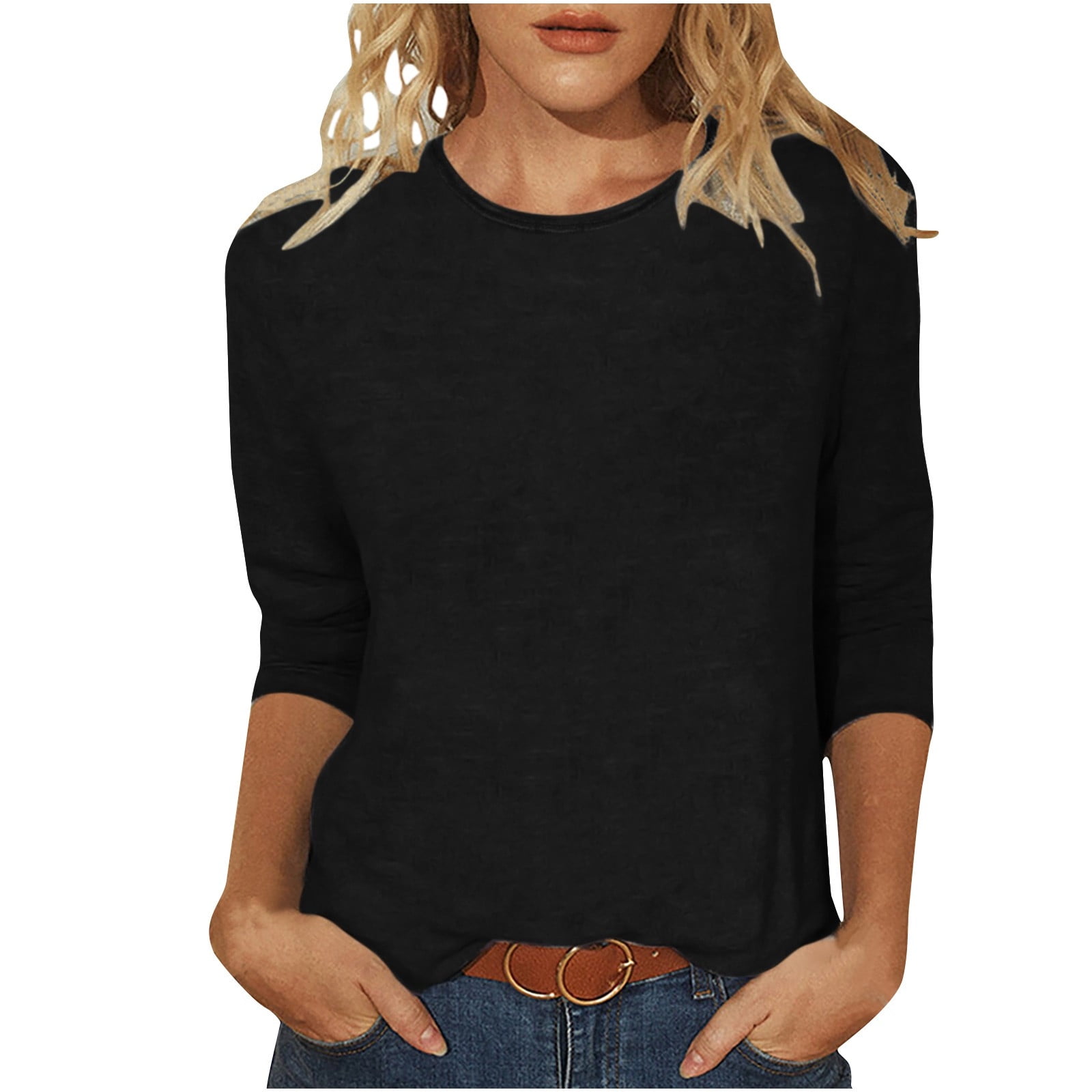 Inleife Womens Shirts 3 4 Sleeves Fashion Solid Loose T Shirt Mid length Women s Three Quarter Sleeve Round Neck Blouse Casual Tops Walmart