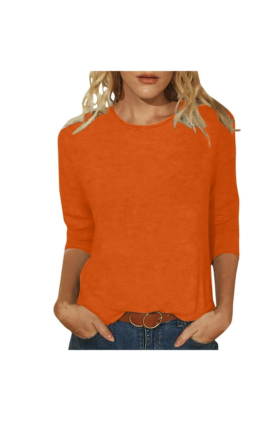Womens Shirts 3/4 Sleeves Fashion Solid T-Shirt Mid-length Women's Three Quarter Sleeve Blouse Round Neck Casual Tops