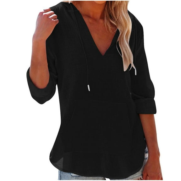 Inleife Womens Shirts Fashionable Women's Casual Long Sleeved Solid Color Pullover V-Neck Hooded Top