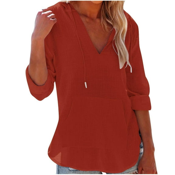 Inleife Womens Shirts Fashionable Women's Casual Long Sleeved Solid Color Pullover V-Neck Hooded Top