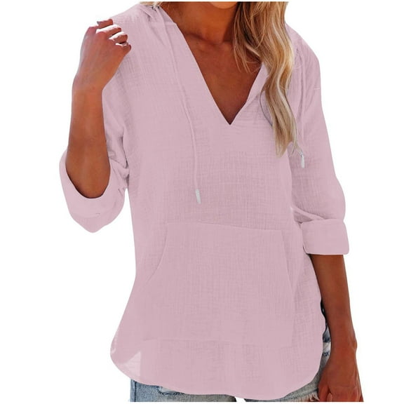 Inleife Womens Shirts Fashionable Women's Casual Long Sleeved Solid Color Pullover V-Neck Hooded Top