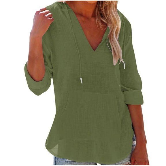 Inleife Womens Shirts Fashionable Women's Casual Long Sleeved Solid Color Pullover V-Neck Hooded Top
