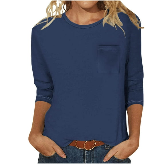 Inleife Womens Shirts Clearance Women's Casual Solid Color Round Neck 3/4 Sleeve And 3/4 Sleeve Pocket Top