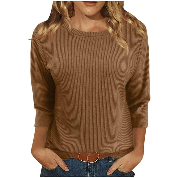 Inleife Womens Shirts Women's Fashionable Solid Round Neck 3/4 Sleeves Casual T-Shirt Tops Blouses