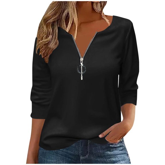 Inleife Womens Shirts Three Quarter Sleeves Fashionable Women's Casual 3/4 Sleeve Round Neck Solid Color Off Shoulder Top
