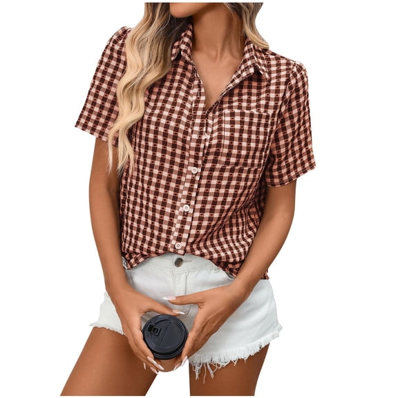 Inleife Womens Short Sleeve Plaid Shirts Ladies Casual Fashion Summer Turndown Collar Shirt Tops Red M
