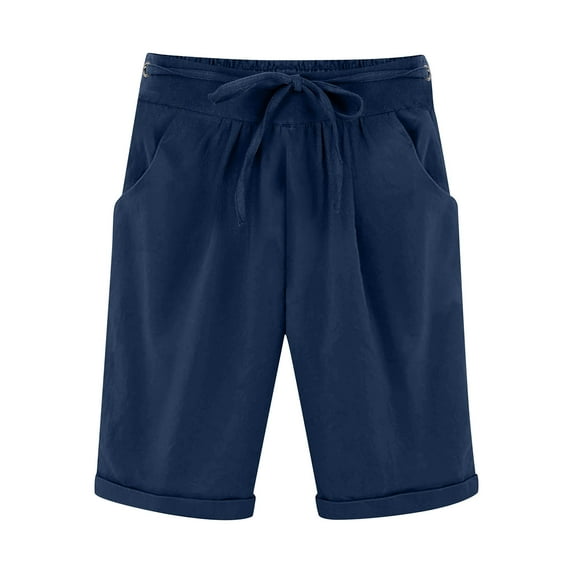 Inleife Womens Shorts Five Points Women's Summer Elastic Waist Drawstring Side Pocket Solid Color Short Pants 5/4