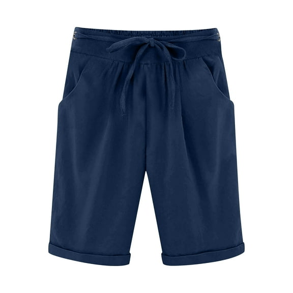 Inleife Womens Shorts Five Points Women's Summer Elastic Waist Drawstring Side Pocket Solid Color Short Pants 5/4