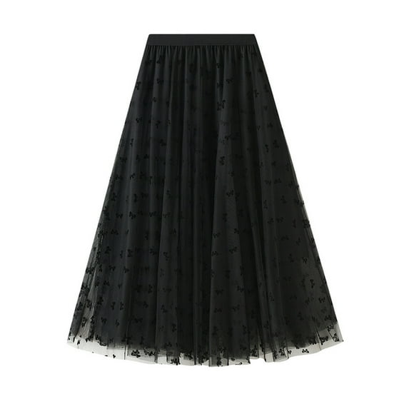 Inleife Womens Skirts Fashion Women Long Vintage Tulle Skirt Flocking High Waist Mesh Pleated A-Line Skirt