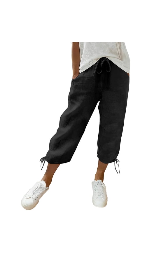 Womens Solid Color Capris Drawstring Waist Tie Cuff Casual Stylish Pants with Pocket for Spring Summer Women's Clothing Black L