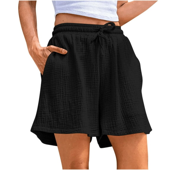 Inleife Womens Solid Color Elastic Waist Drawstring Shorts Cotton Linen Shorts with Pocket Black M