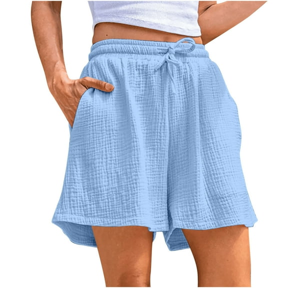 Inleife Womens Solid Color Elastic Waist Drawstring Shorts Cotton Linen Shorts with Pocket Blue XL