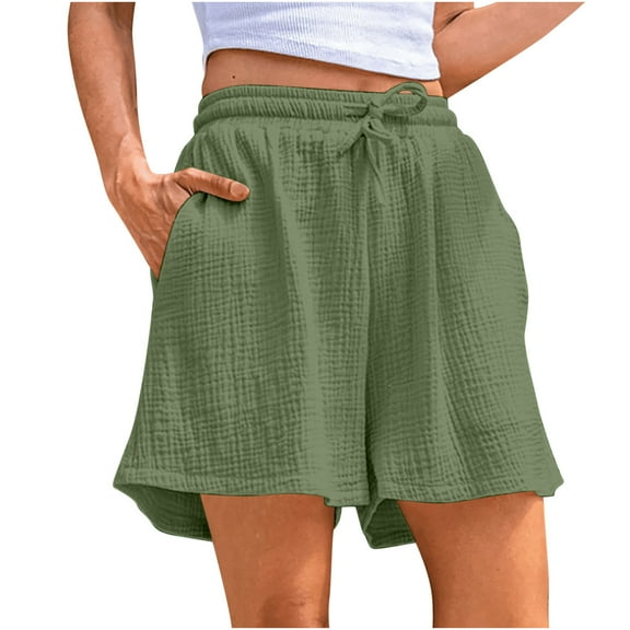 Inleife Womens Solid Color Elastic Waist Drawstring Shorts Cotton Linen Shorts with Pocket Green L