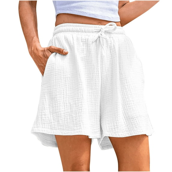 Inleife Womens Solid Color Elastic Waist Drawstring Shorts Cotton Linen Shorts with Pocket White S