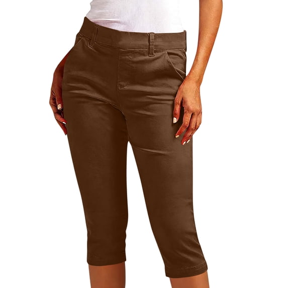Inleife Womens Solid Stretch Twill Capri Pants Regular Fit Comfort Waist Hiking Pants with Pockets Brown M