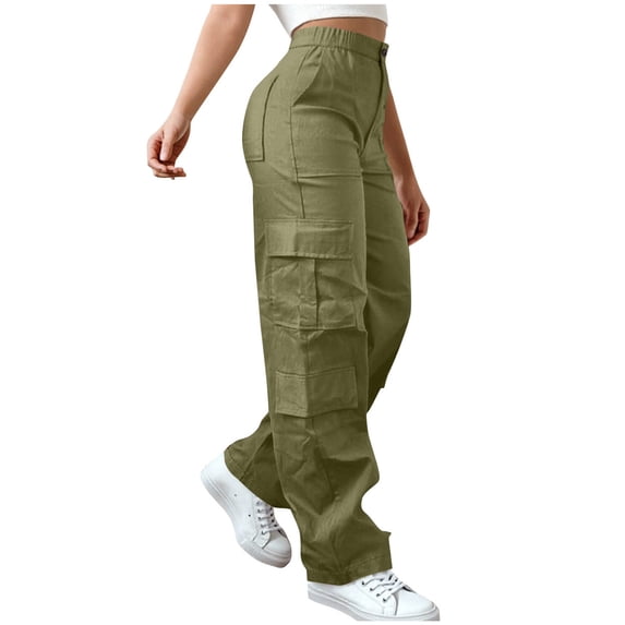 Inleife Womens Stretch Cargo Pants Solid Color with Elastic Waist Casual Clothes Pockets Full Length Pants