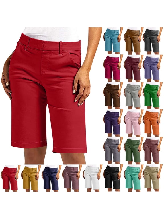 Womens Summer Casual Shorts Five Quarter Pants Solid Color Elastic Twill Slim Waist Shorts Regular Hiking Shorts with Pockets