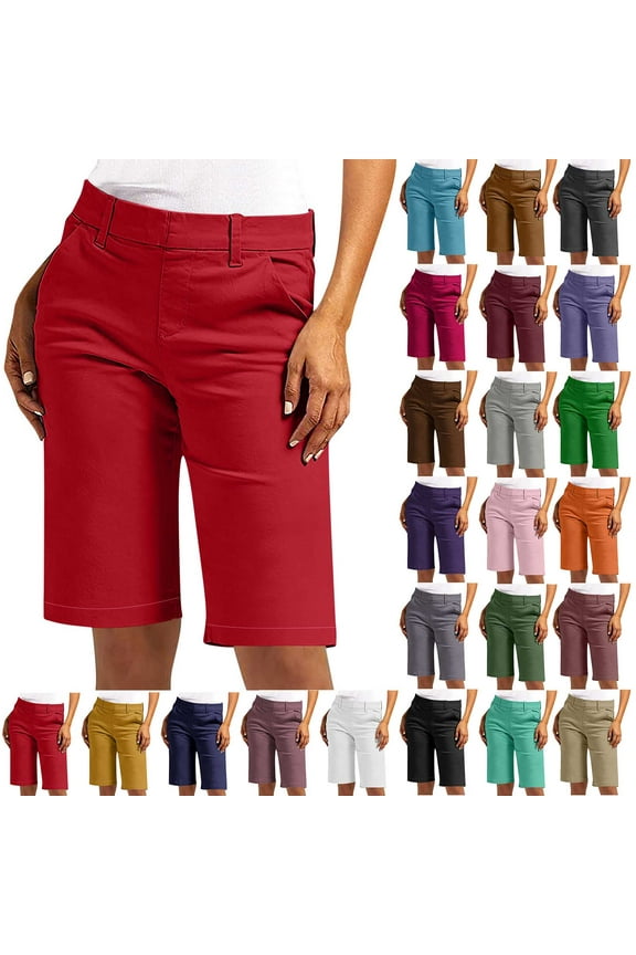 Womens Summer Casual Shorts Five Quarter Pants Solid Color Elastic Twill Slim Waist Shorts Regular Hiking Shorts with Pockets