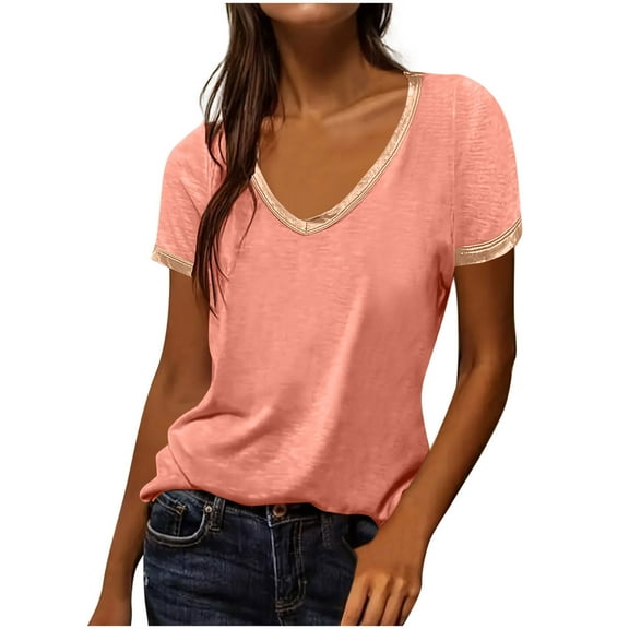 Inleife Womens Summer Tops Women's Casual Solid Color V-Neck Short Sleeved Fashionable Pullover Loose Top