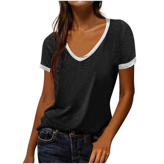 Inleife Womens Summer Tops Women's Casual Solid Color V-Neck Short Sleeved Fashionable Pullover Loose Top