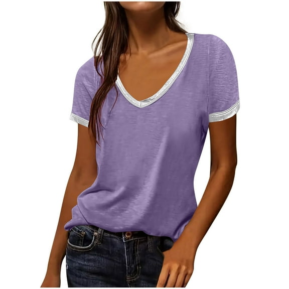 Inleife Womens Summer Tops Women's Casual Solid Color V-Neck Short Sleeved Fashionable Pullover Loose Top