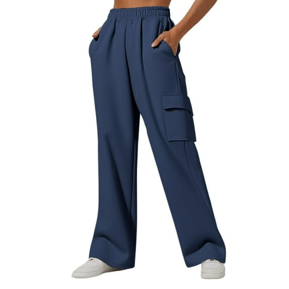 Inleife Womens Sweatpants Pants with Pocket Solid Color Baggy Wide-Leg Casual Elastic-Waistband Pants