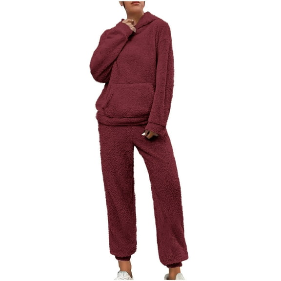 Inleife Womens Winter Pajama Sets for Solid Color Coral Fleece Home Clothes Casual Pocket Long Sleeve Hooded Top Pants Sleepwear Robe Set